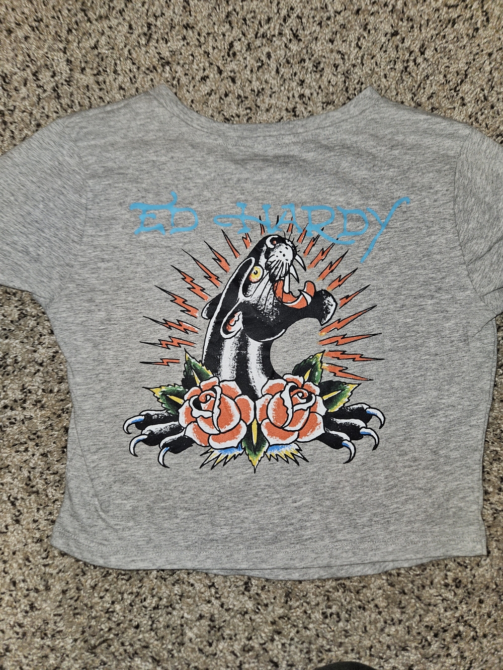 Ed Hardy Gray Tee with Black Panther and Orange Roses